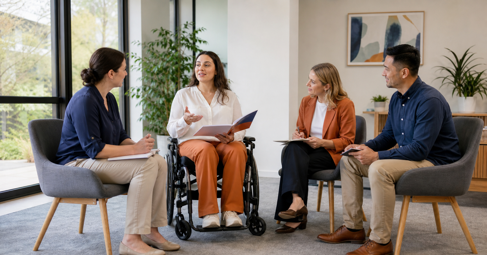 An adult NDIS participant leading a planning meeting with three allied health and career professionals, including a male professional