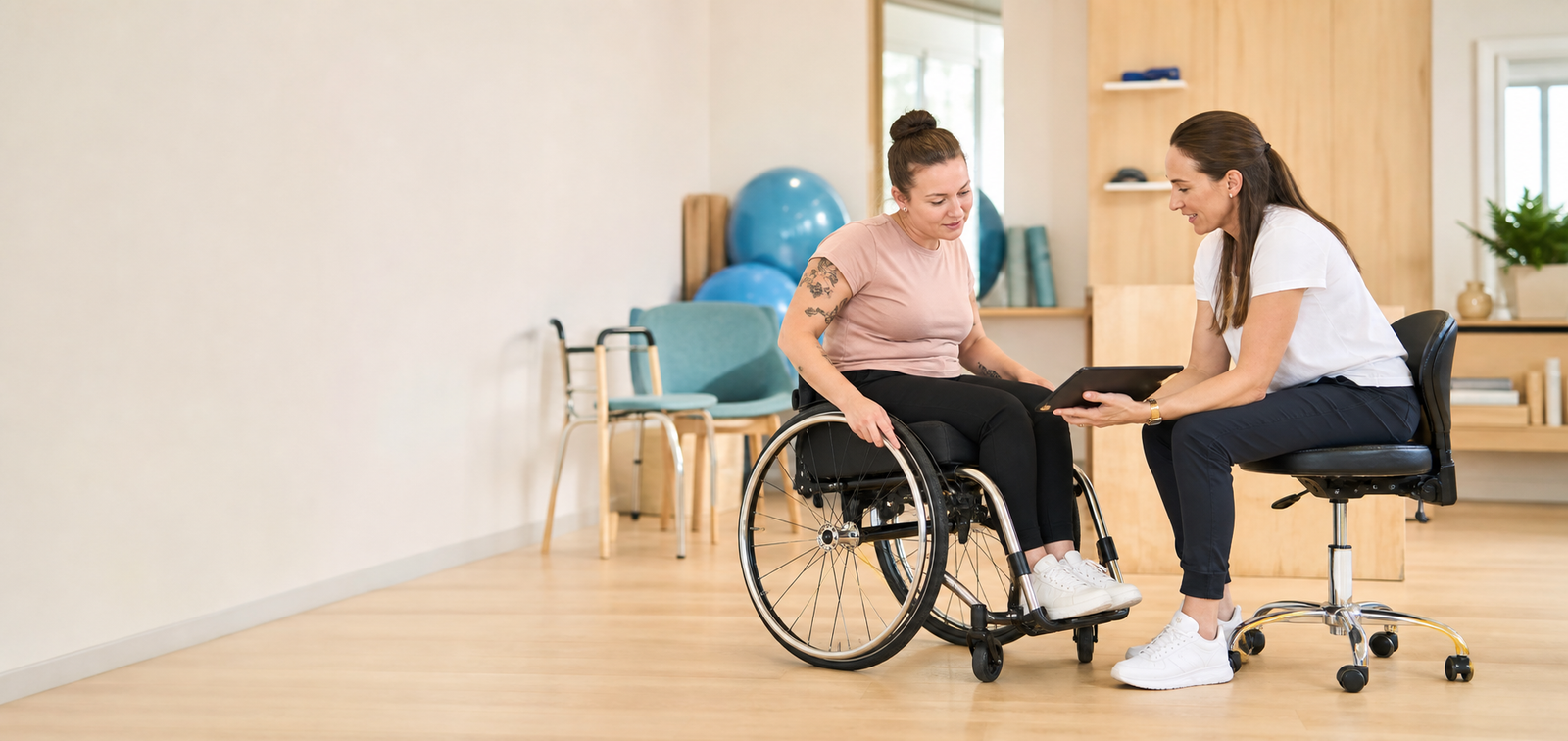 NDIS participant who uses a wheelchair consulting with an occupational therapist in a clinic