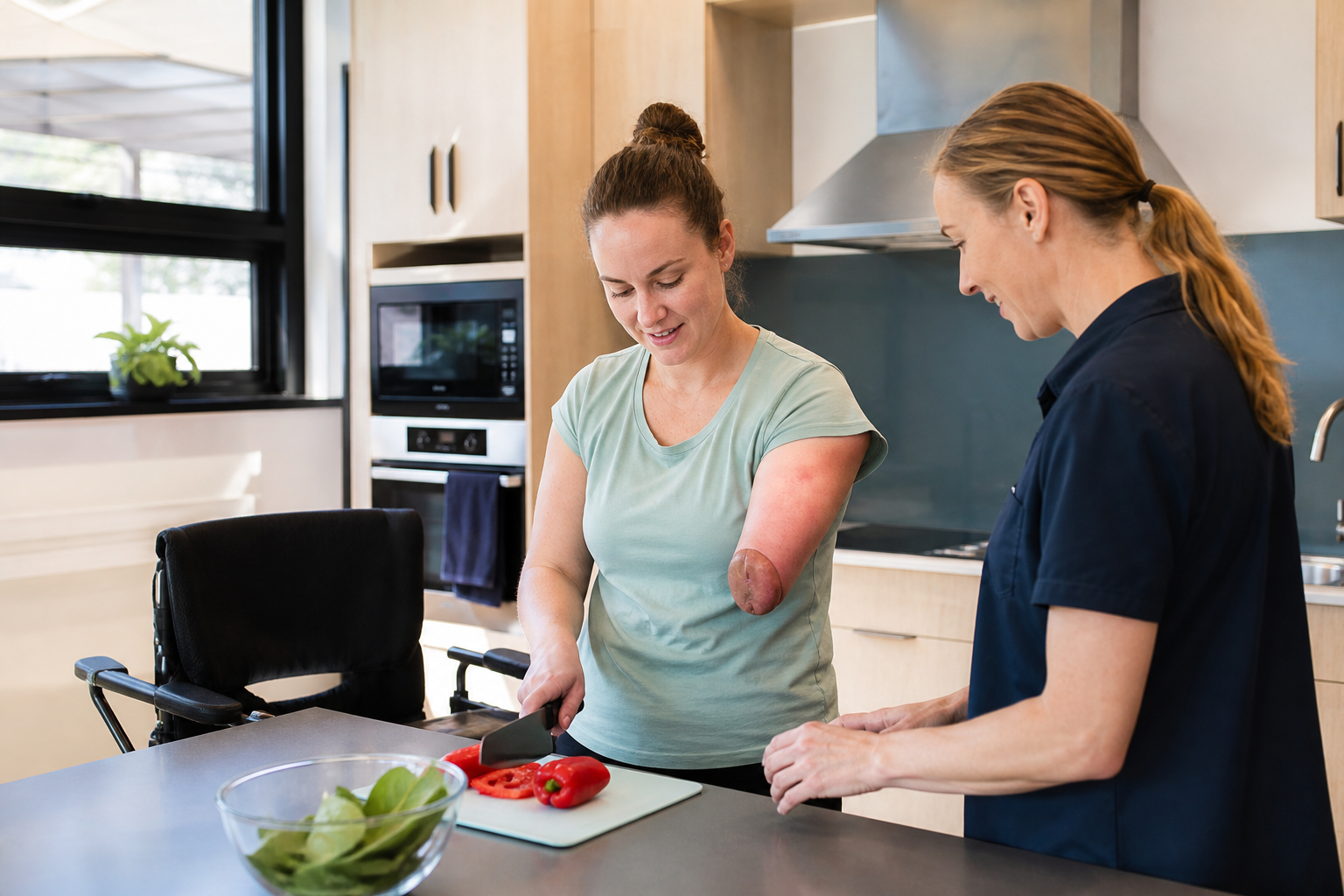 Female NDIS participant practising a kitchen task with an occupational therapist