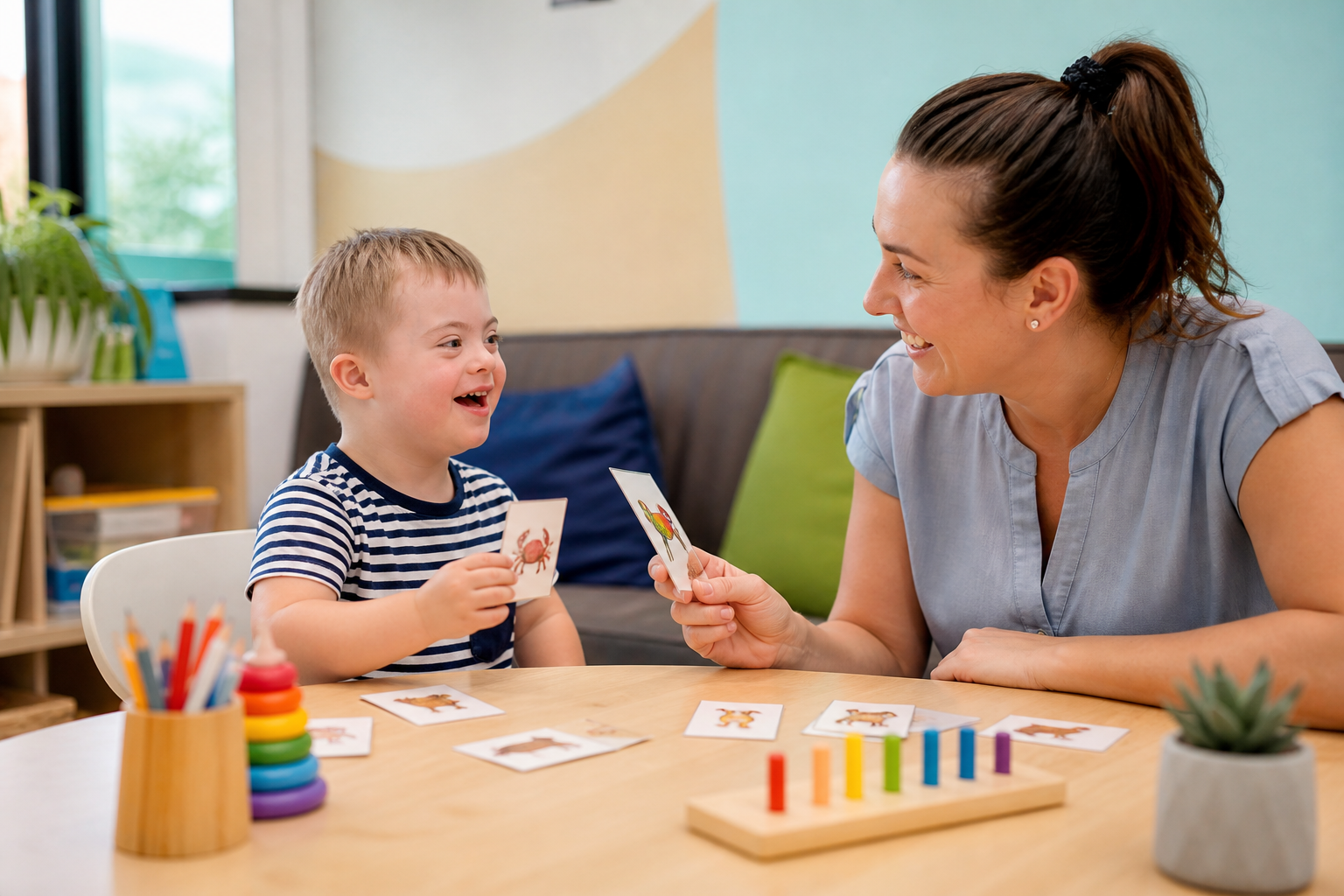 Child NDIS participant using picture cards with a speech pathologist