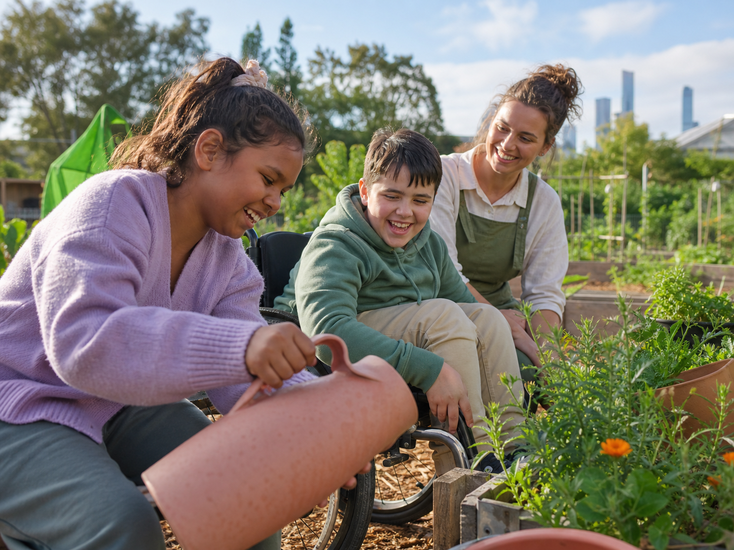 Children and a support worker gardening together