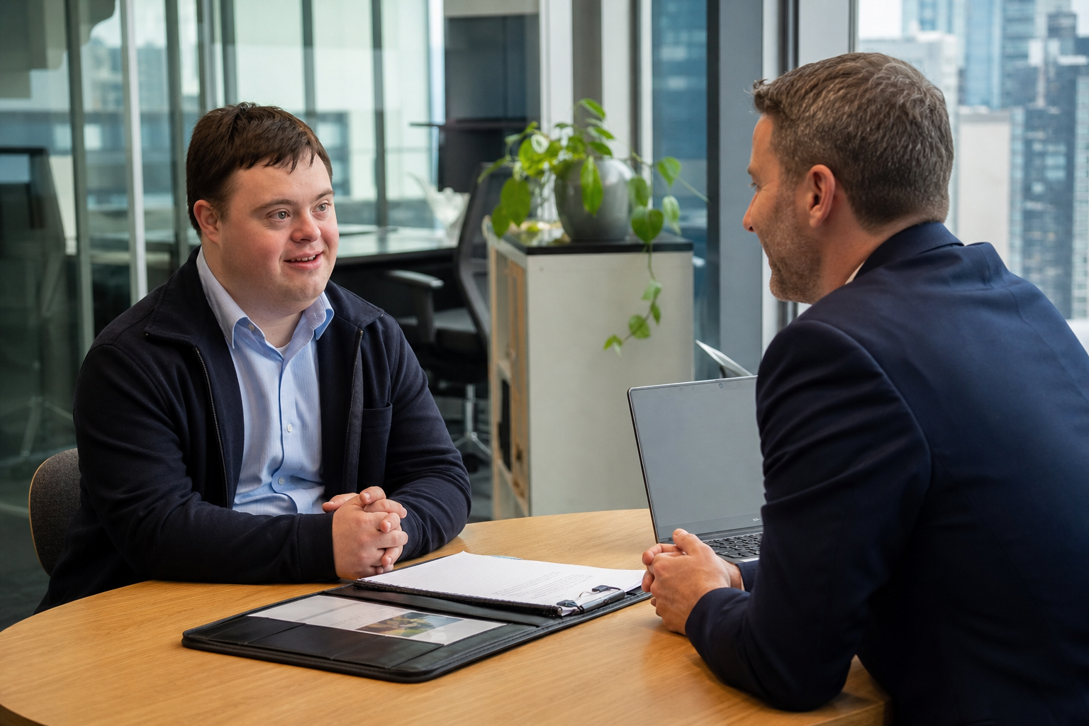 Adult male NDIS participant practising an interview with a career counsellor