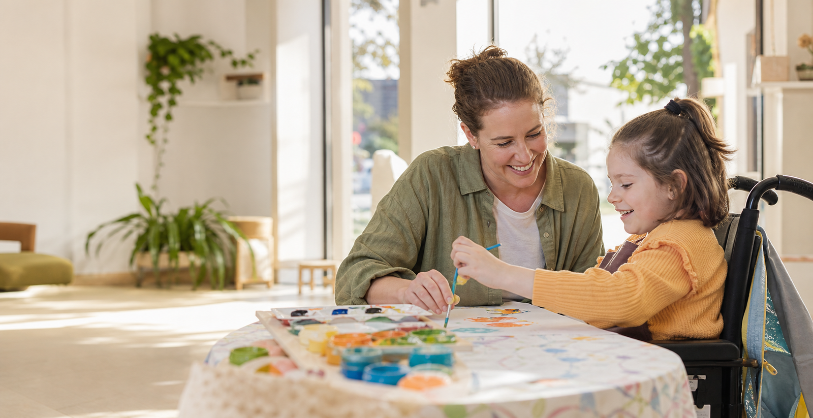A child using a wheelchair painting with a support worker