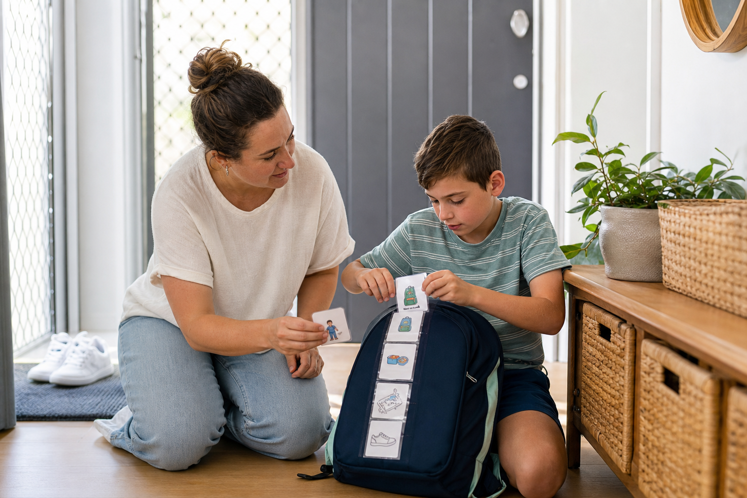 An NDIS child building an independent morning routine with a support worker