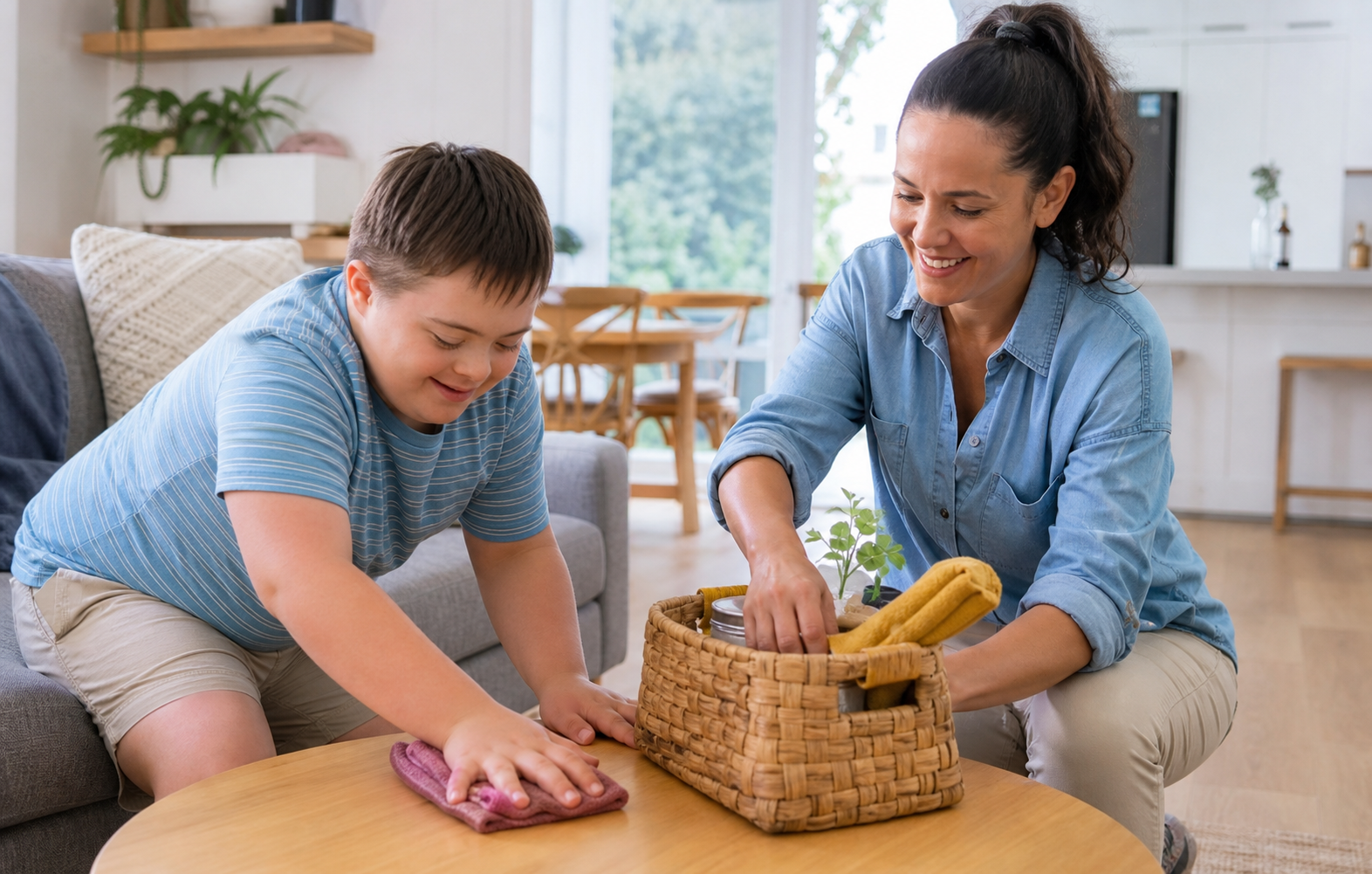 An NDIS child tidying the home with a support worker