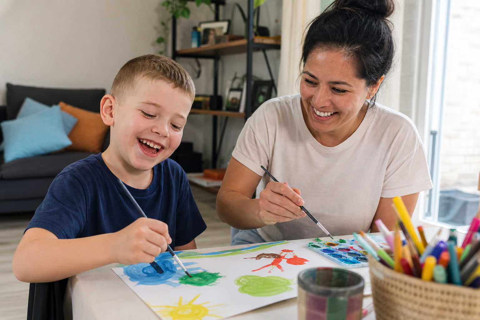 An NDIS child painting with a support worker at home
