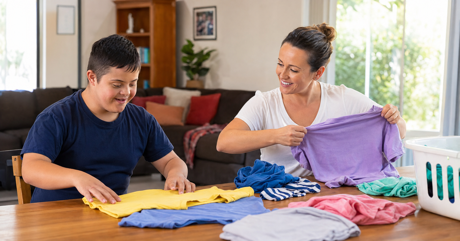 An NDIS child folding laundry with a support worker at home