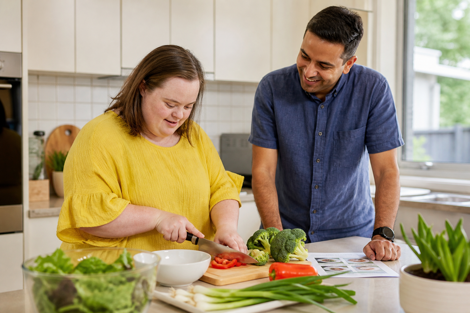 An NDIS participant building practical cooking skills with guidance from a support worker
