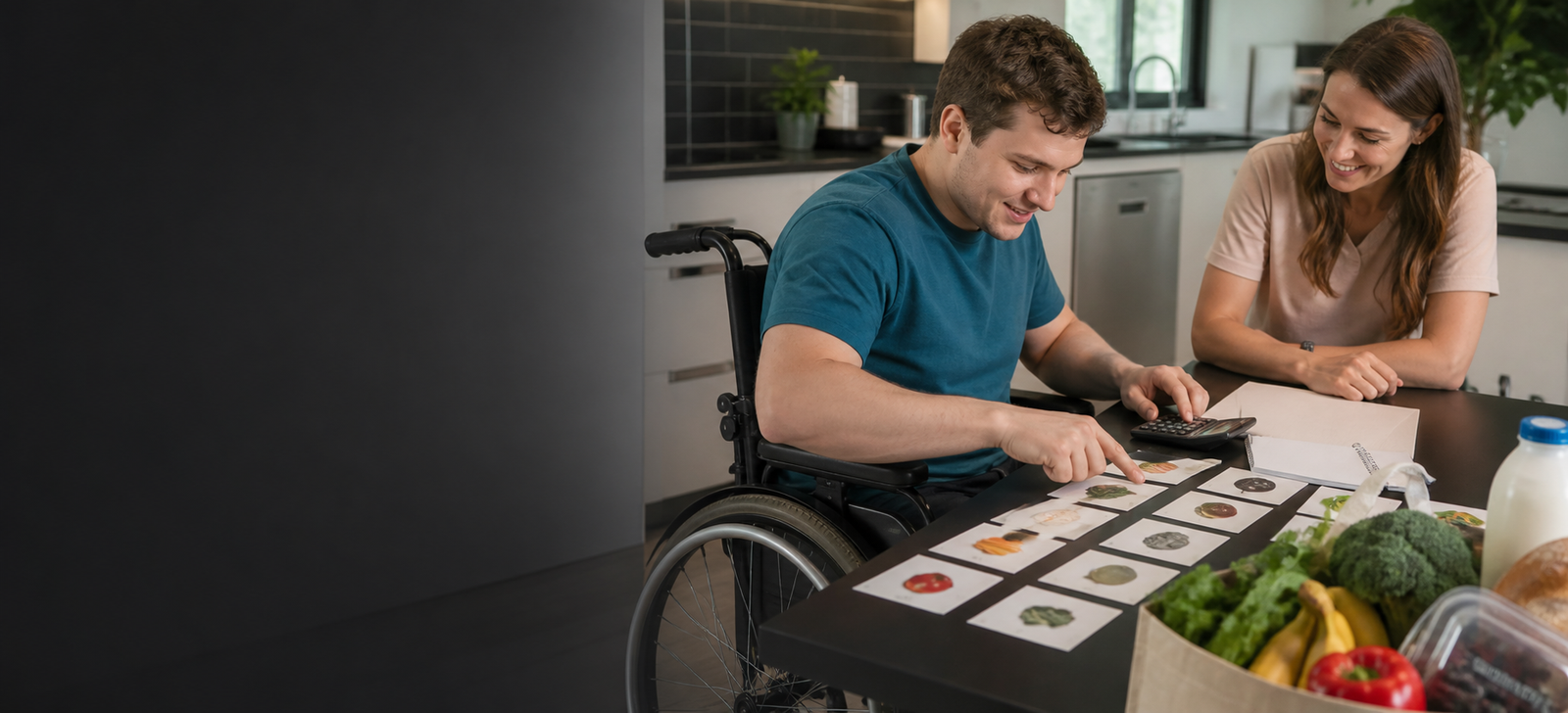 An adult NDIS participant learning budgeting and grocery planning with a support worker