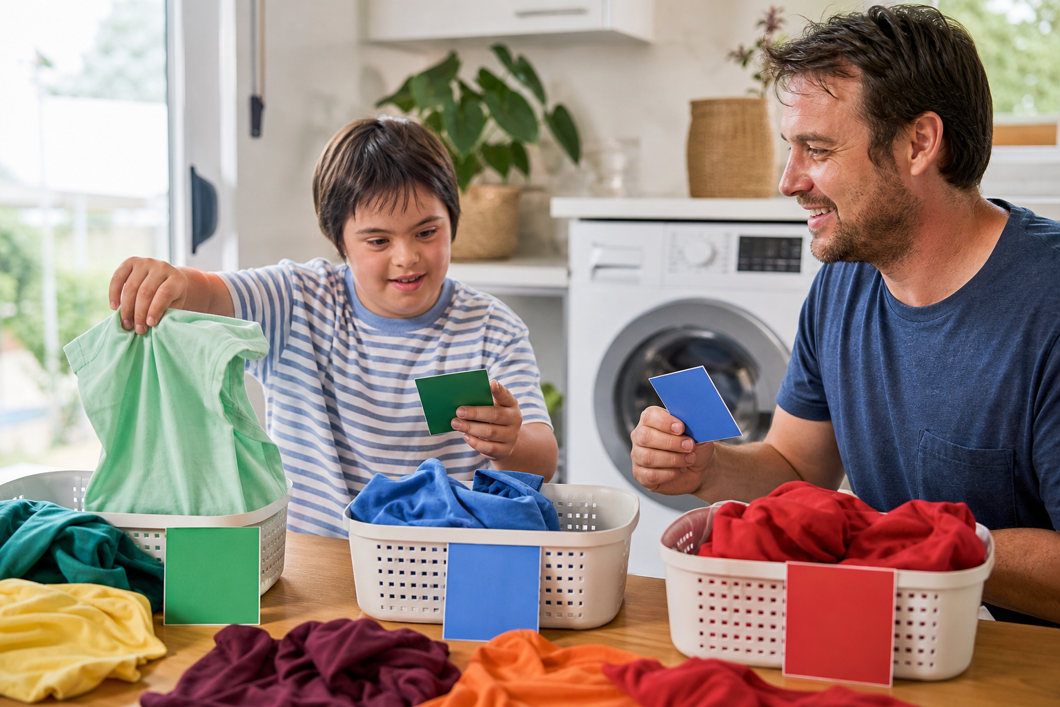 An NDIS child learning laundry organisation with a support worker