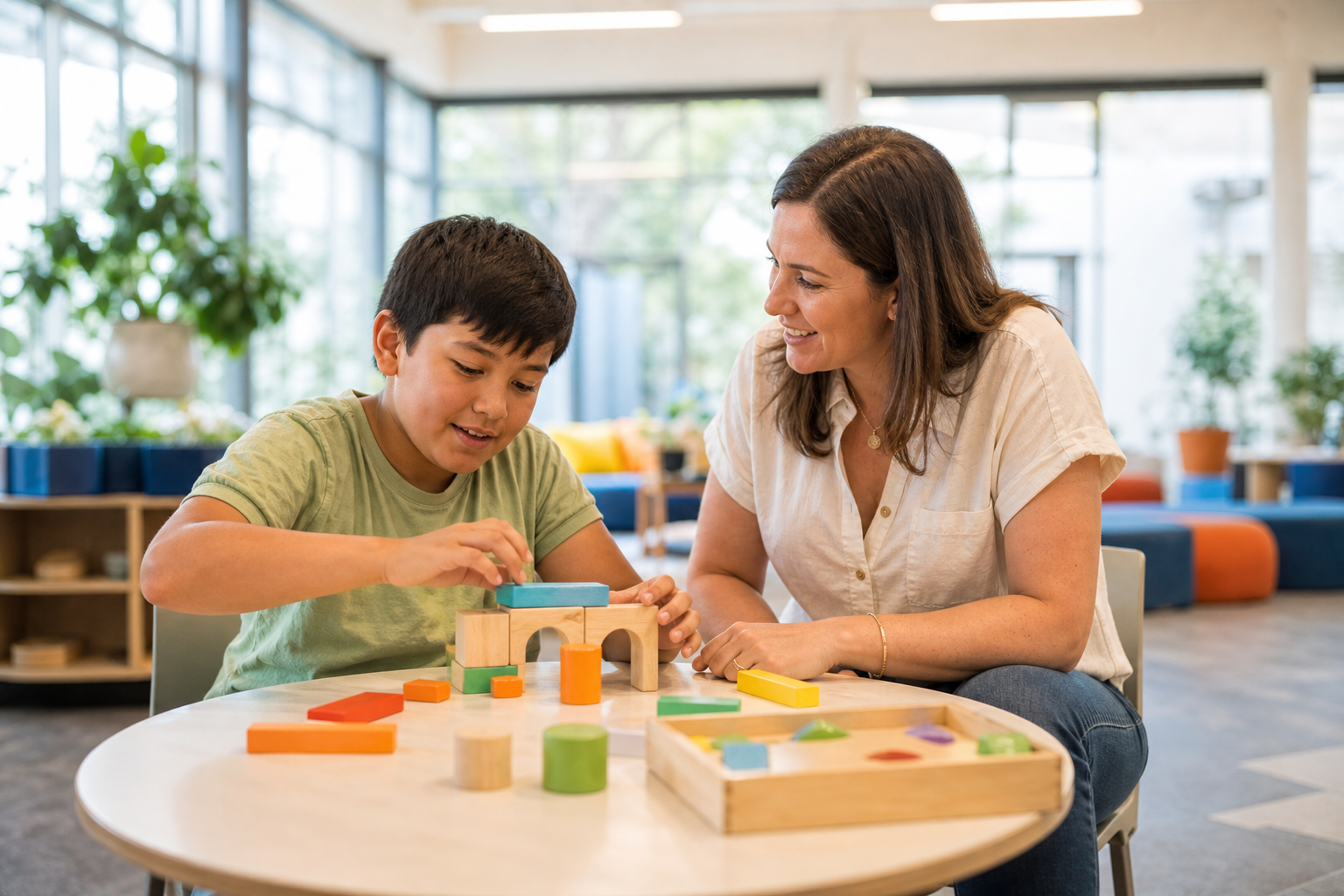An NDIS child building confidence through a hands-on activity with a recovery coach