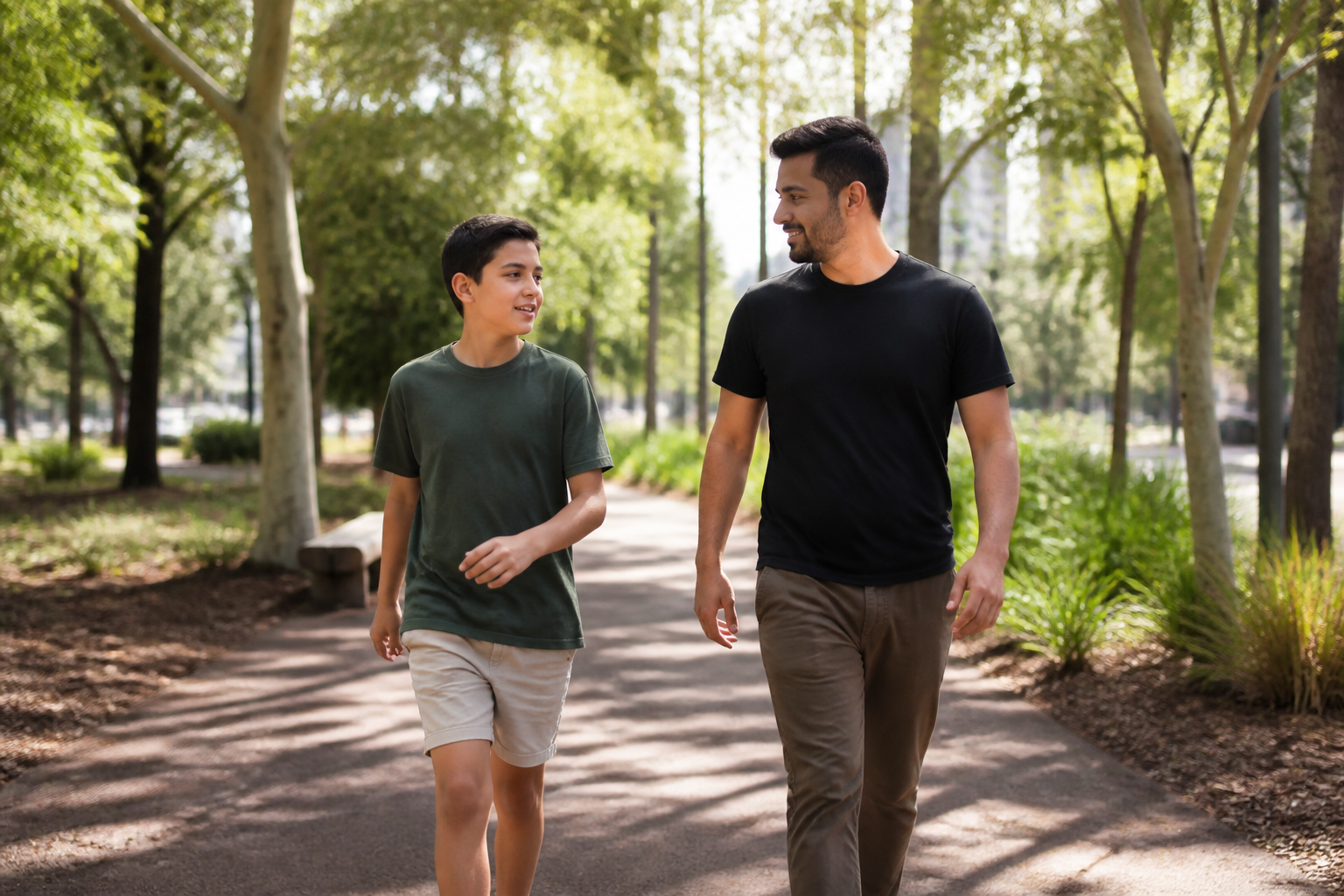 An NDIS child walking and talking with a recovery coach in a park
