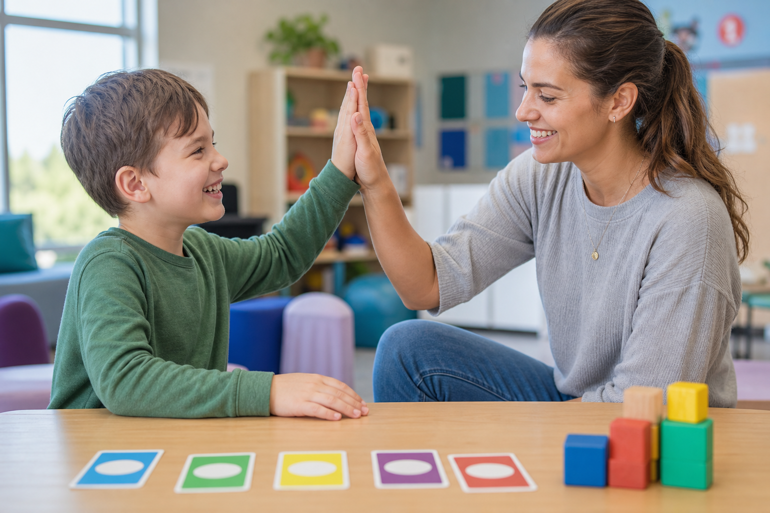 An NDIS child celebrating progress with a recovery coach