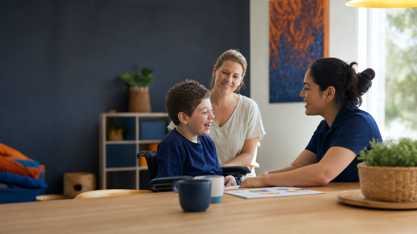 A child, carer and disability support professional having a positive conversation