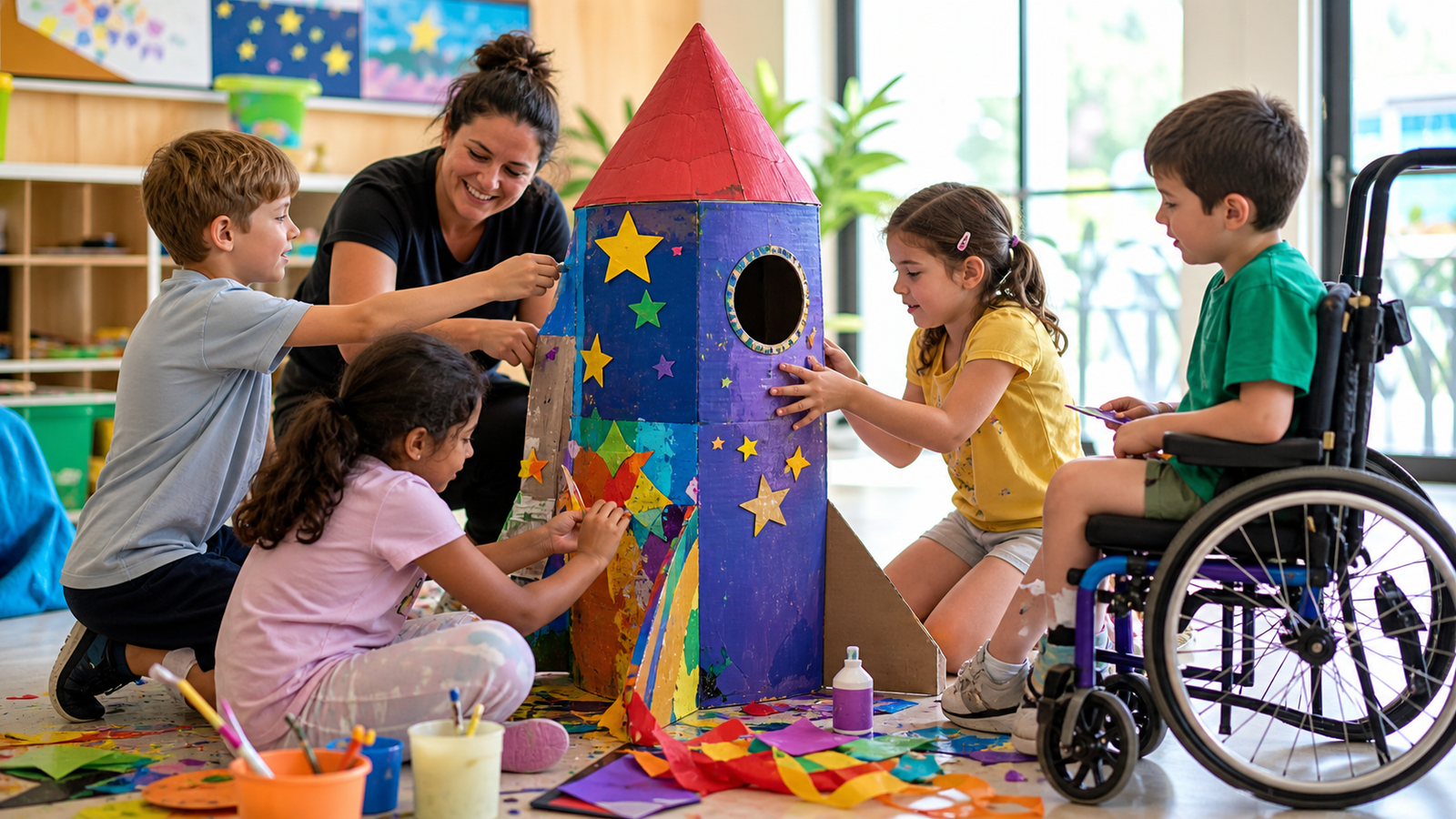 Children with disability working together to build and decorate a colourful cardboard space rocket