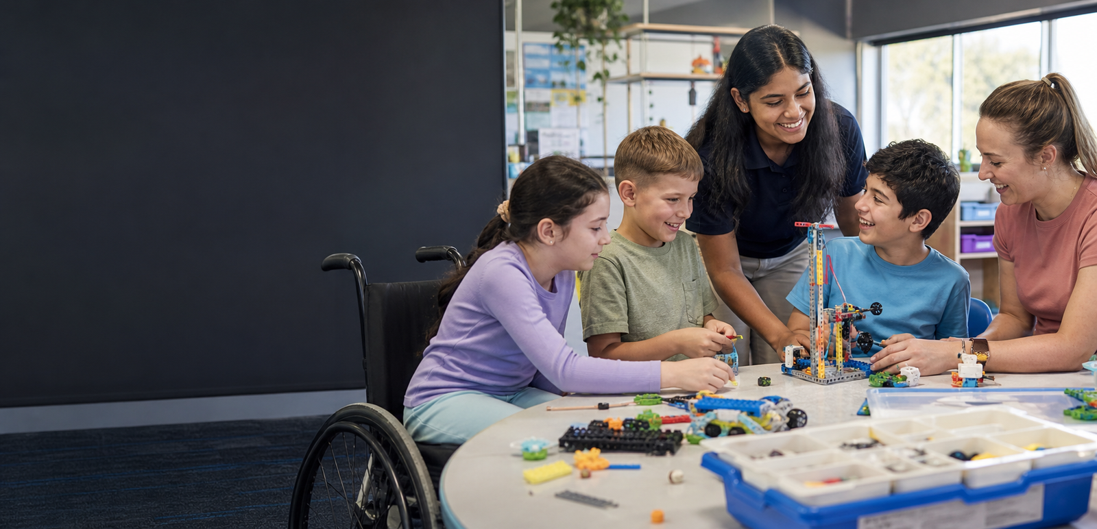 Children with disability enjoying a supported STEM activity in an accessible classroom