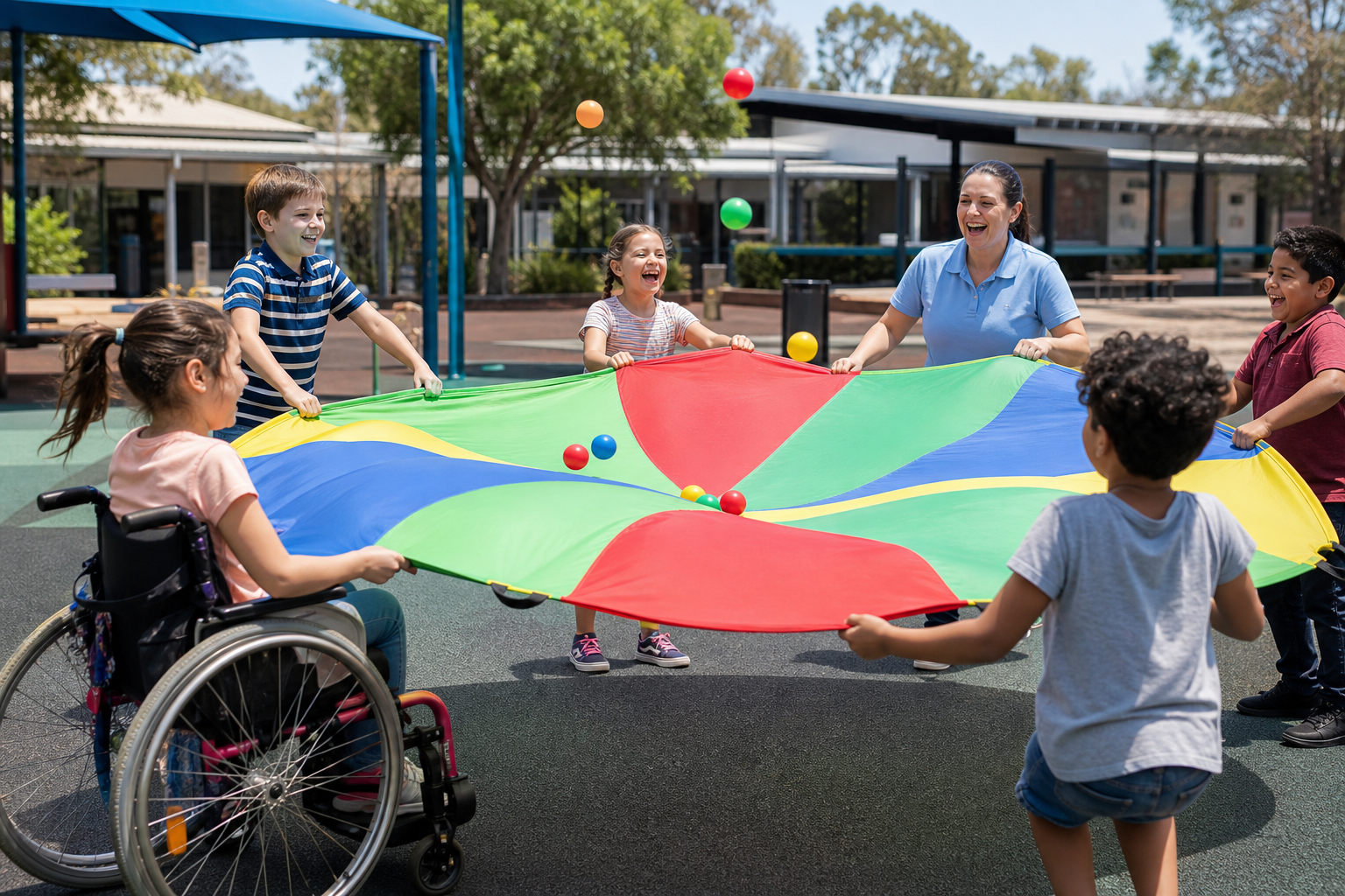 Children with disability taking part in an inclusive parachute game at school