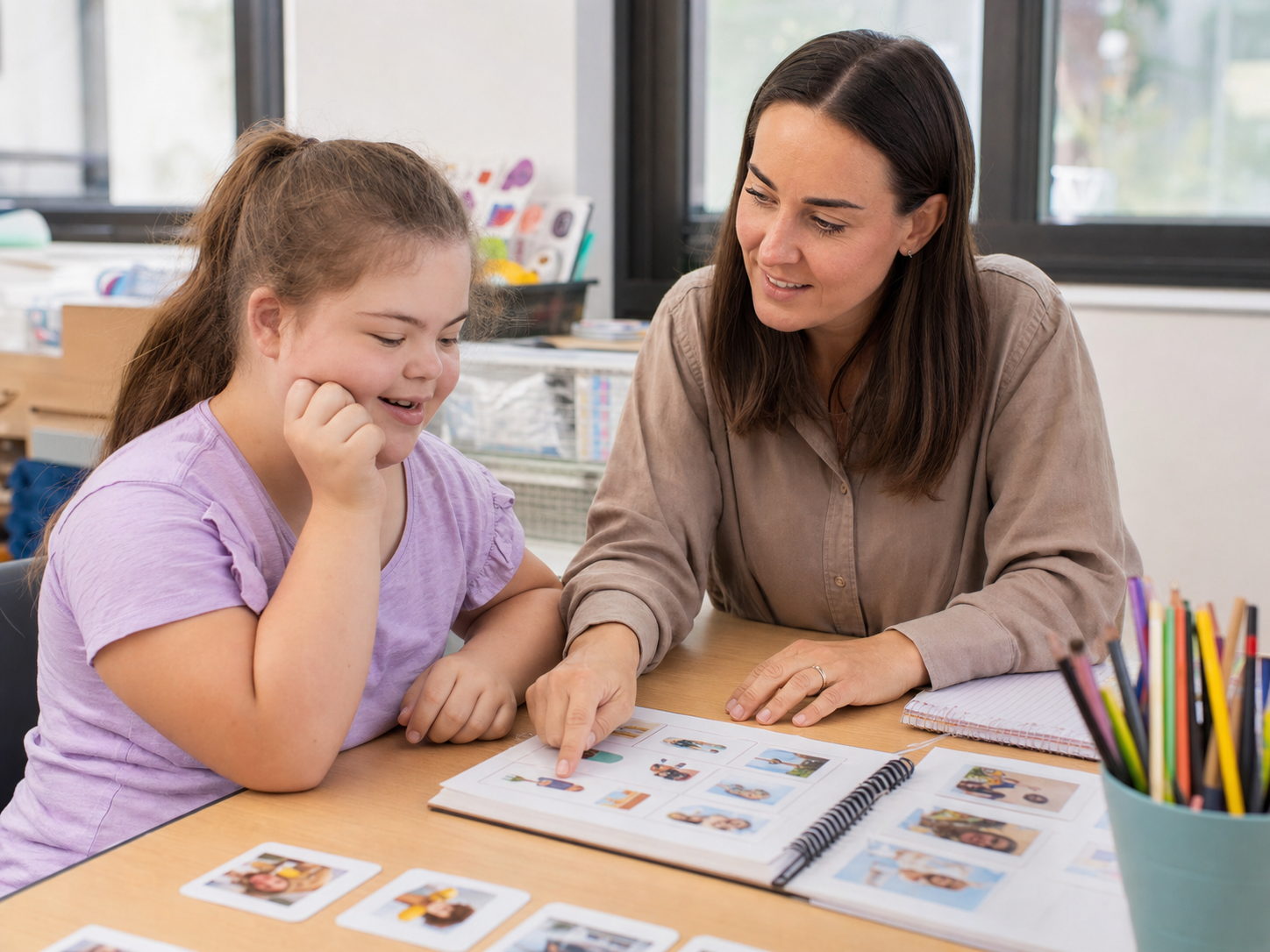An NDIS child reviewing a visual plan with a support coordinator