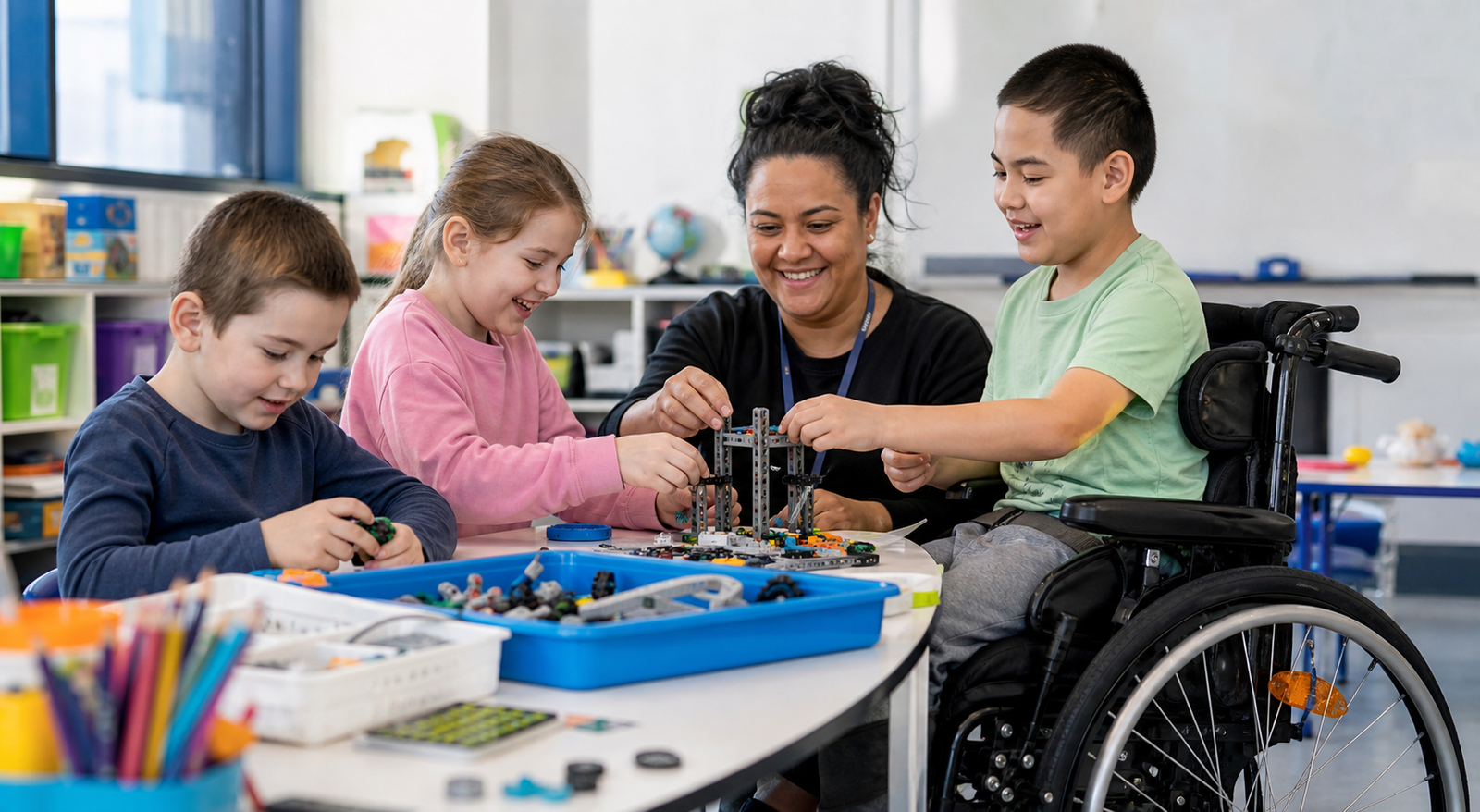 Children with disability enjoying an inclusive school holiday STEM activity in a classroom with a support worker