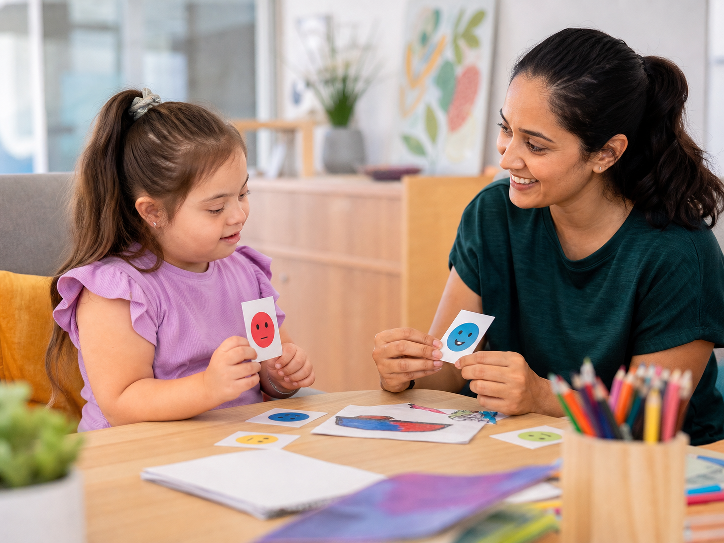 An NDIS child building emotional skills with a supportive recovery worker