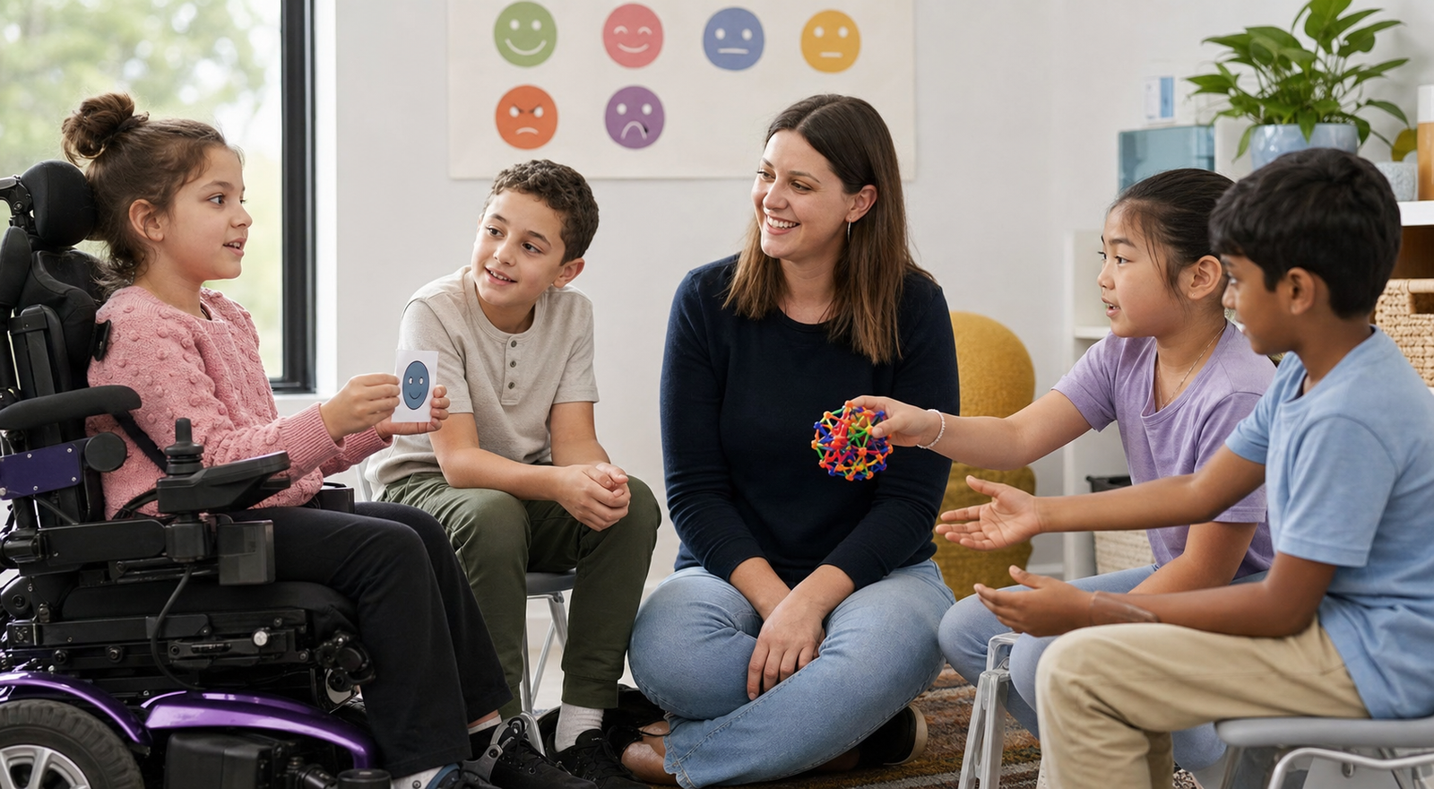 Children practising conversation, listening, sharing and turn-taking in a supported social skills group