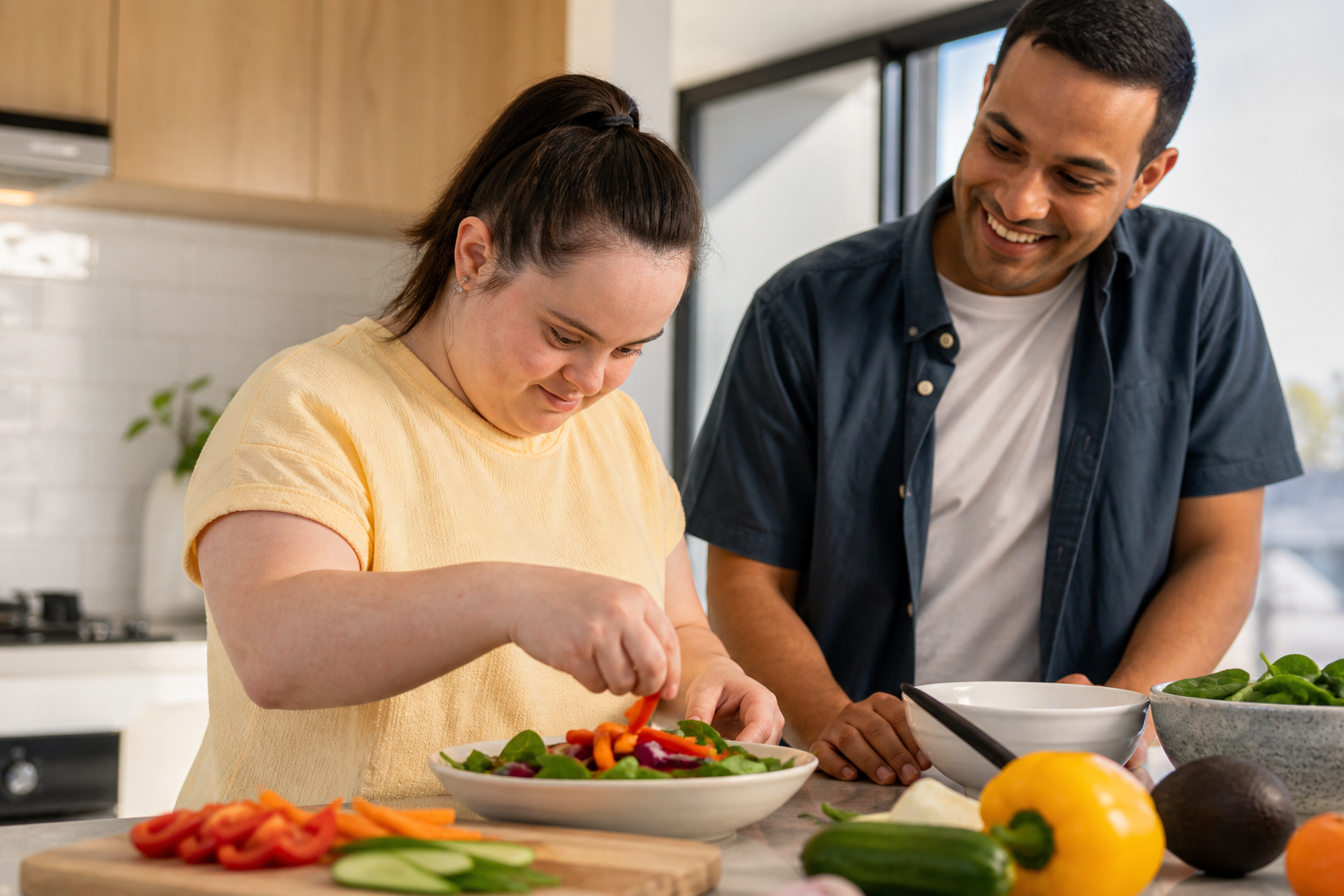 An adult woman with disability preparing a healthy meal with a support worker