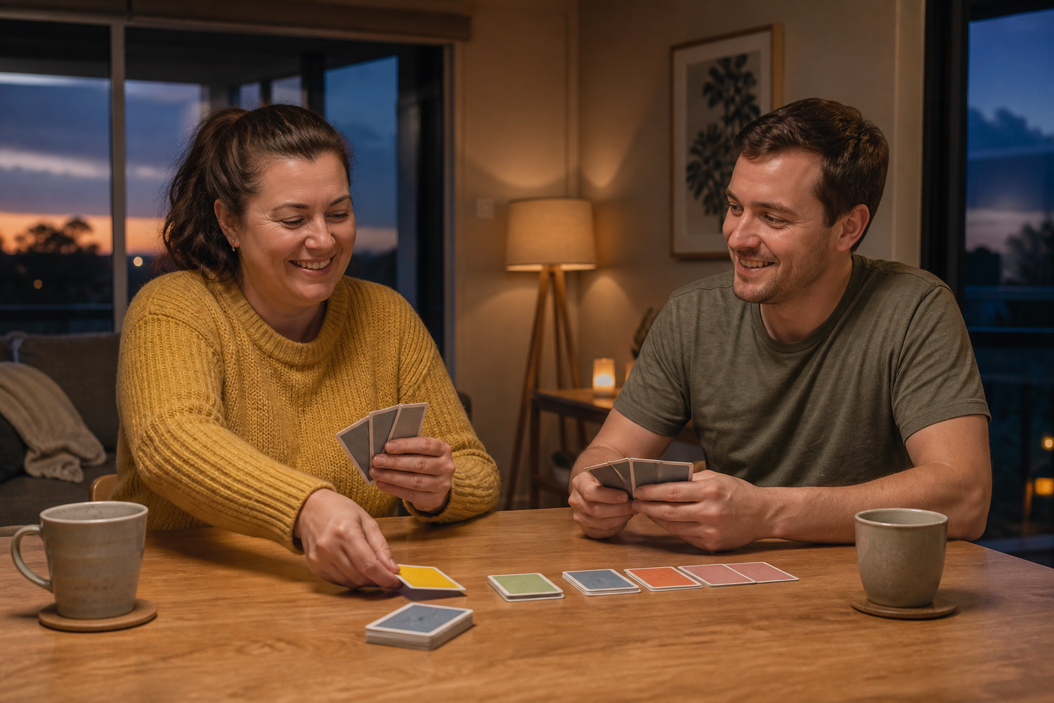 An adult NDIS participant enjoying an evening card game with a support worker