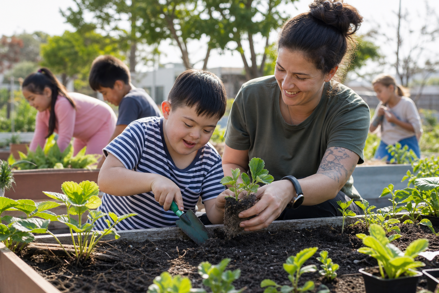 An NDIS child gardening with a support worker and other children