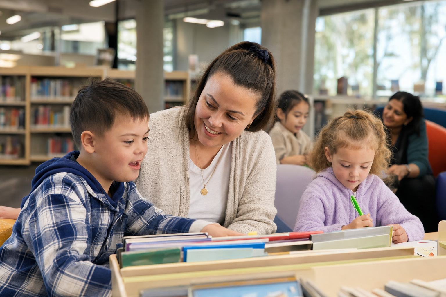 An NDIS child joining a library activity with a support worker