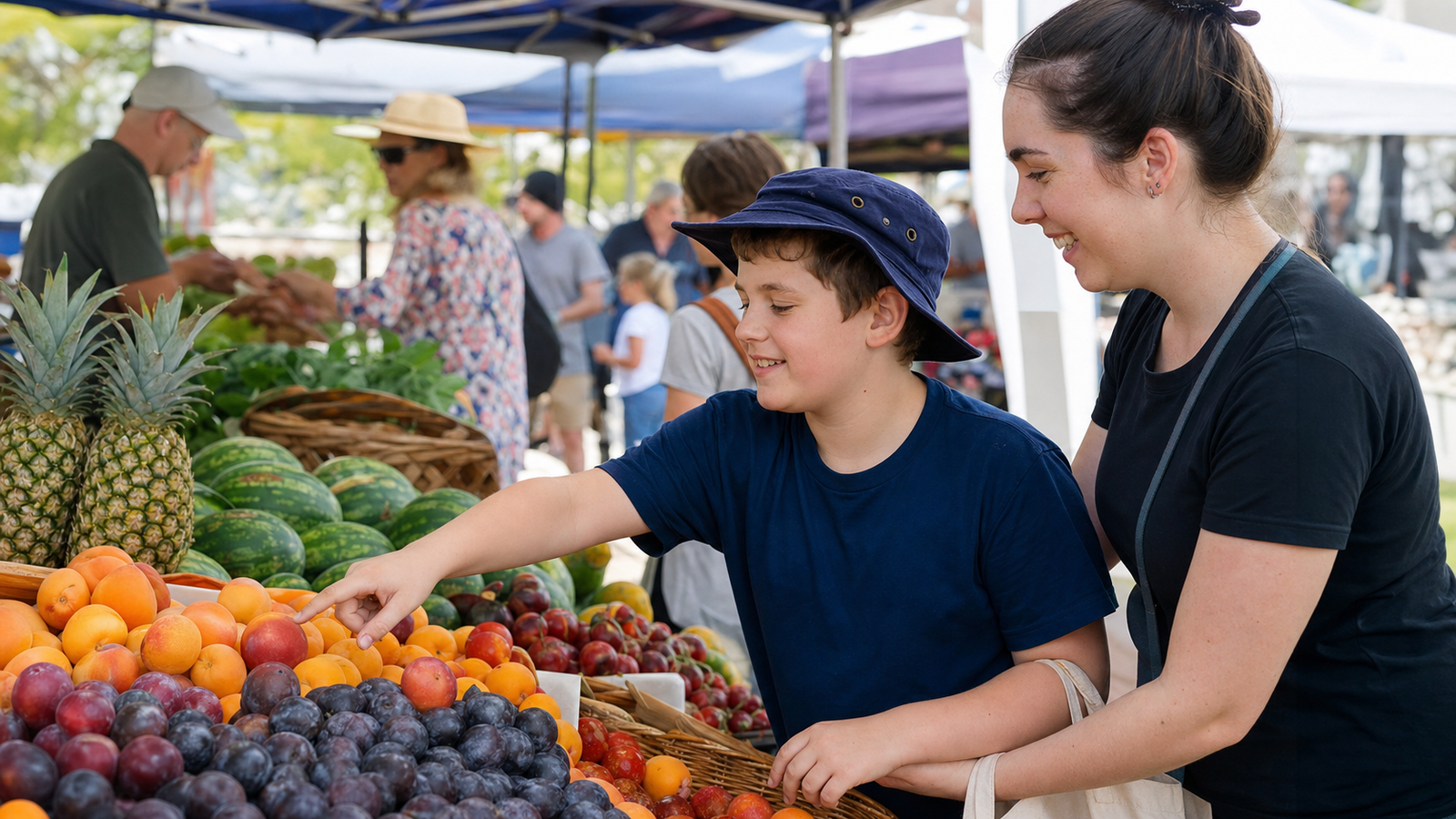 An NDIS child visiting a community market with a support worker