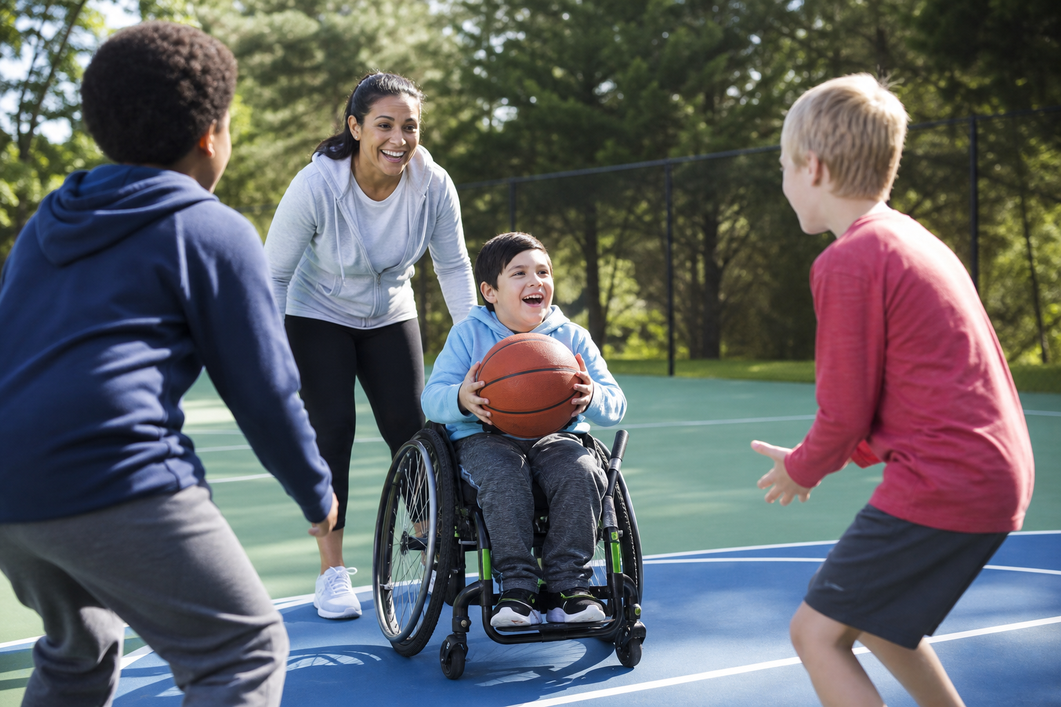 An NDIS child taking part in inclusive sport with a support worker and peers