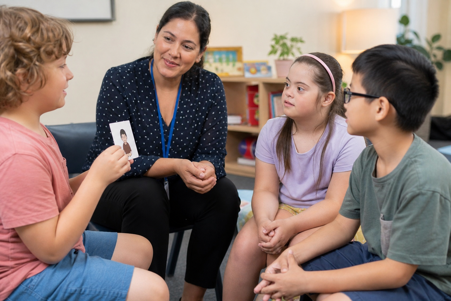Children with disability practising speaking, listening and eye contact in a social skills group