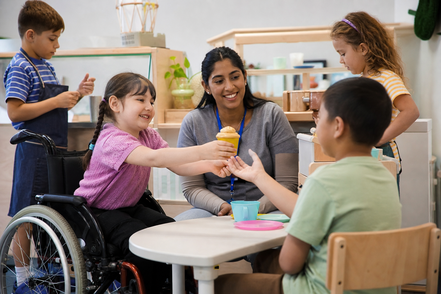 Children with disability practising greetings, requesting and turn-taking through cafe role-play