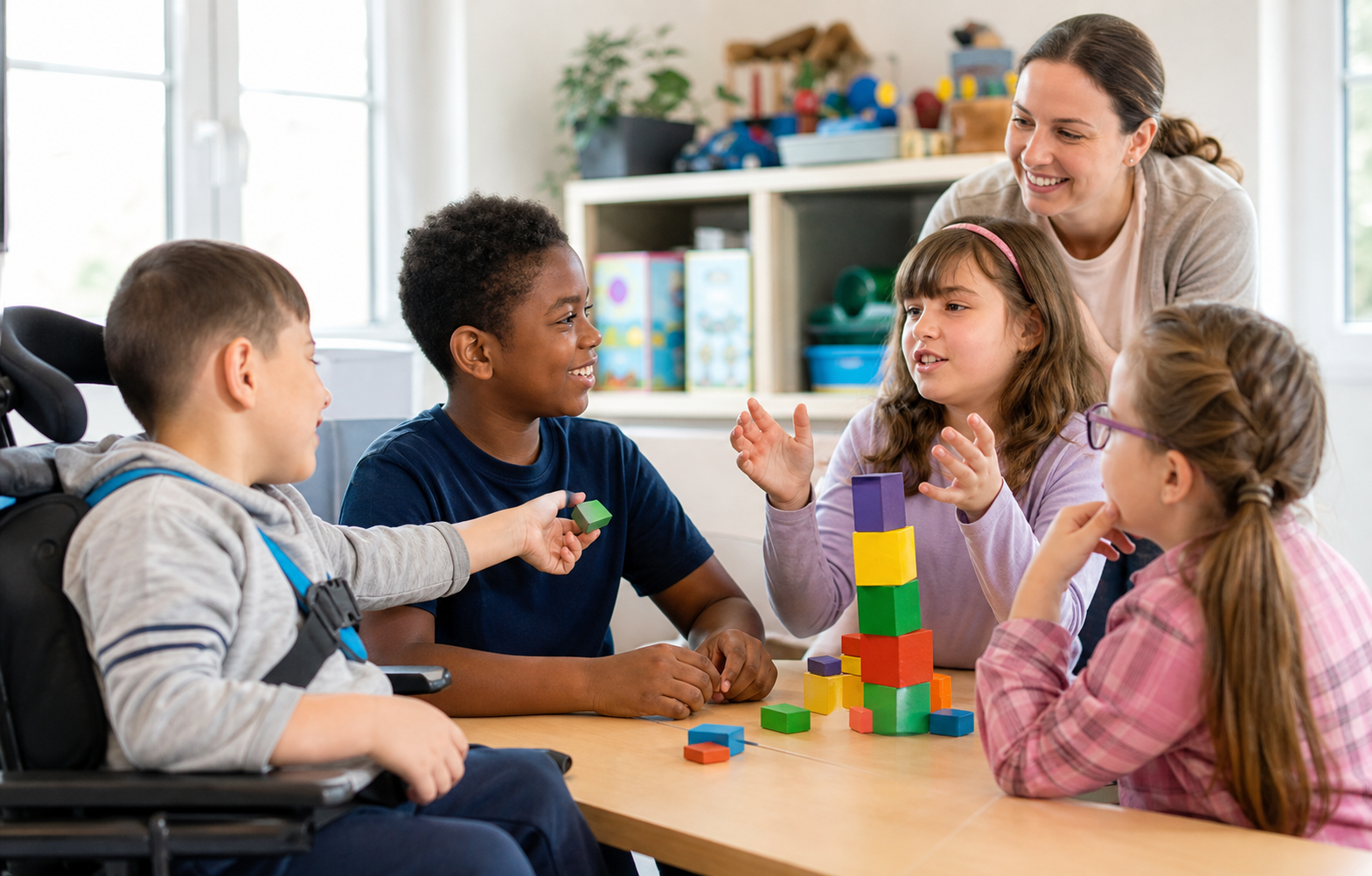 Children with disability sharing ideas and cooperating on a classroom tower activity